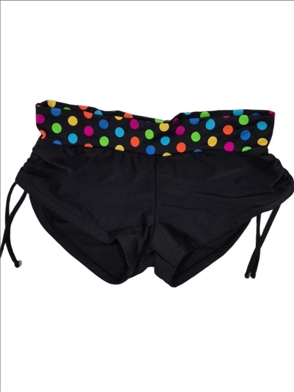 Black Fold-Over Swim Bottoms with Rainbow Polka Dot Trim by Gaviota Diamante